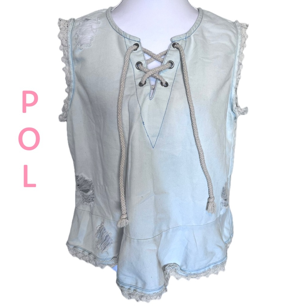 POL Lightweight Denim Distressed Ruffle Rope Cord Criss Cross Grommets Sz Small